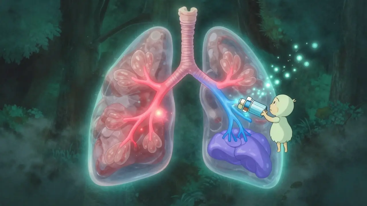 Un poumon lumineux nettoyé par un esprit gentil avec un inhalateur triple, des voies respiratoires colorées s'illuminant progressivement.