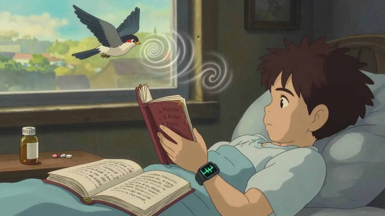 Une chambre paisible au lever du jour, avec un journal, un bracelet et une montre connectée sur une table de nuit.