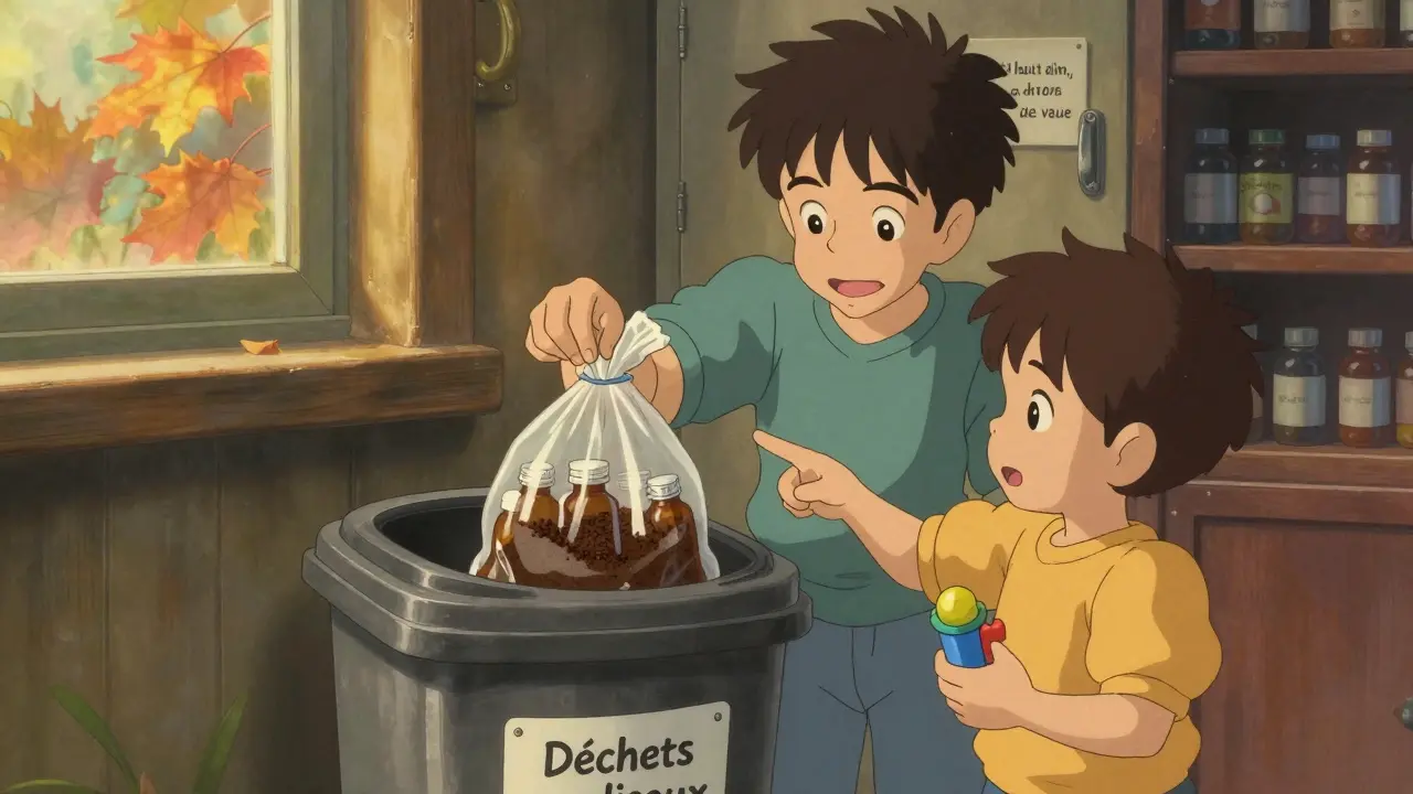 Une famille jette des médicaments périmés dans un sac scellé avec du marc de café.