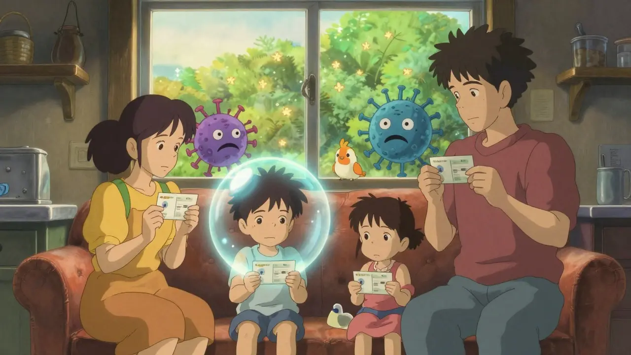 Une famille protège un parent immunodéprimé dans une cuisine chaleureuse, des oiseaux gardiens éloignent des virus souriants.