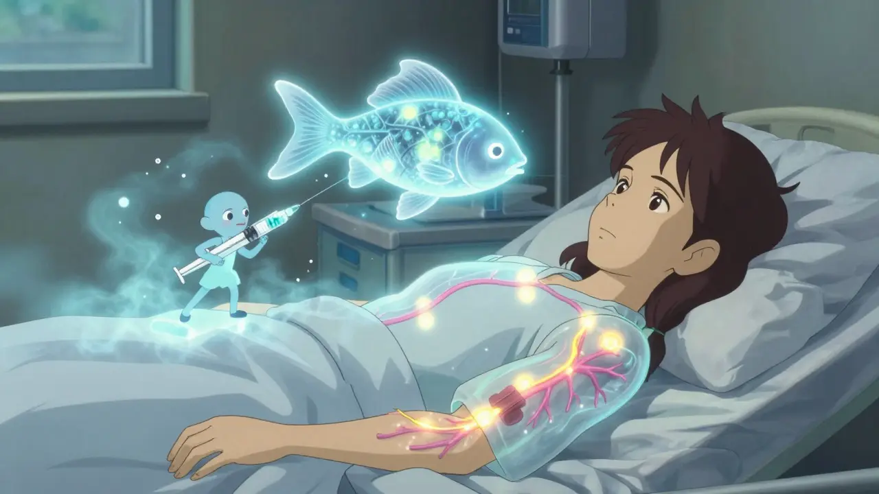 Une femme en test chimique, un poisson lumineux révélant ses artères cardiaques.