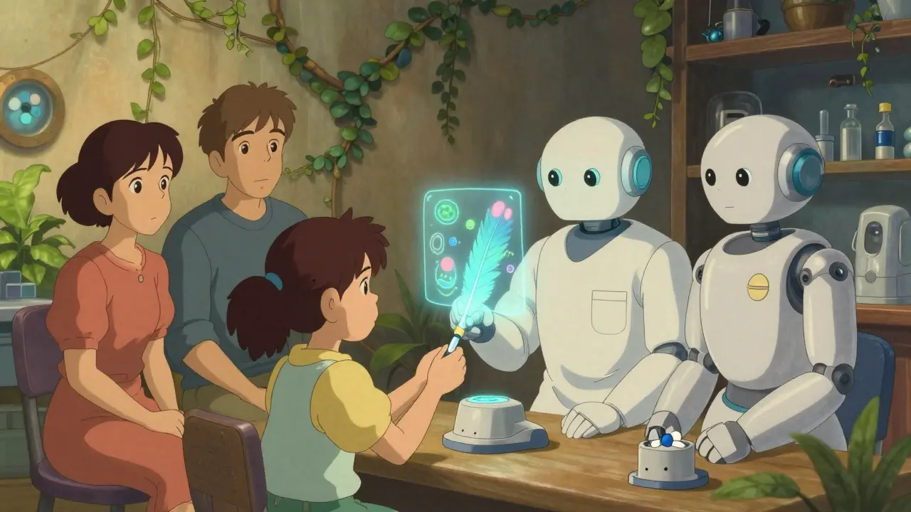 Une fillette reçoit un test rapide dans une clinique futuriste, des cellules saines apparaissent en hologramme.