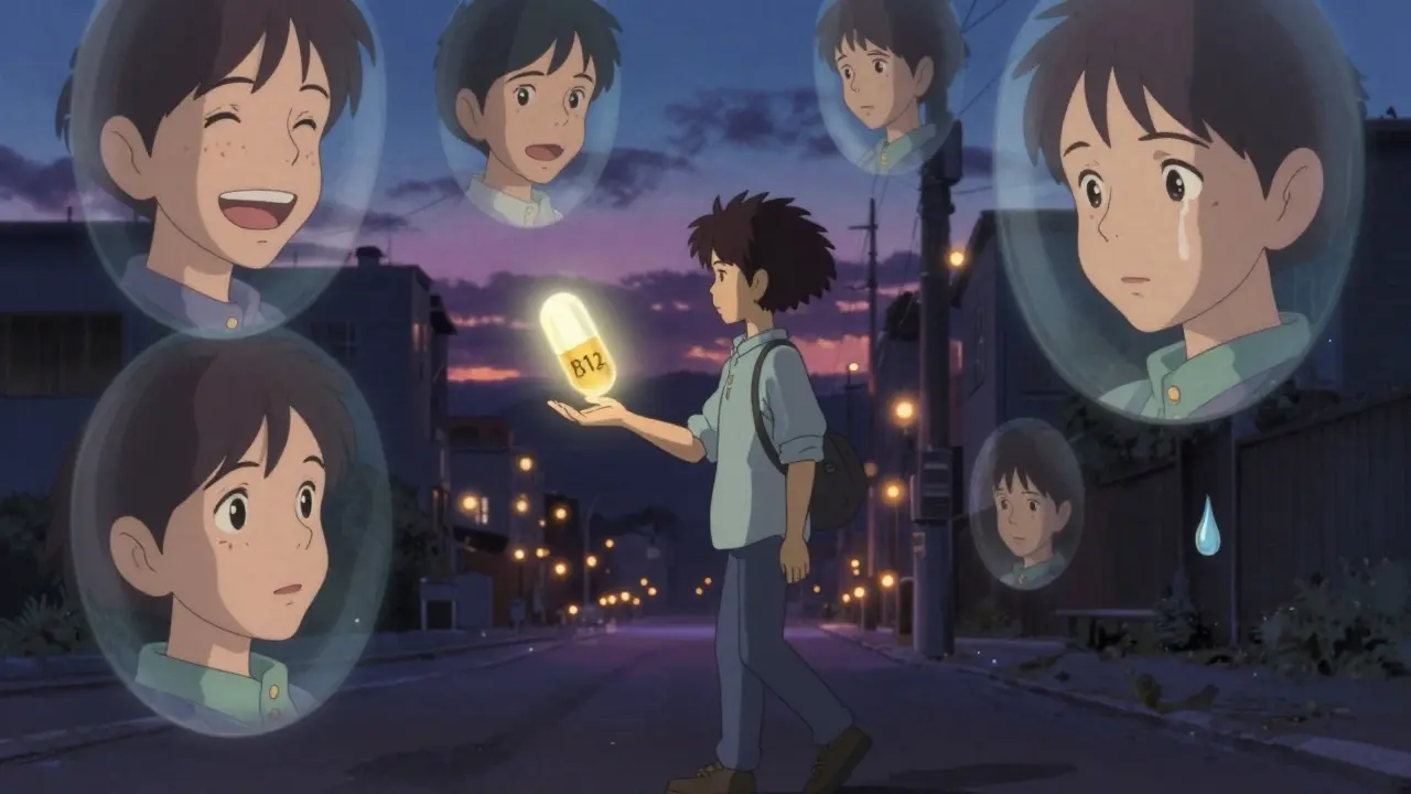 Une personne marchant sous un ciel crépusculaire, entourée de souvenirs flottants et d'une capsule de vitamine B12 lumineuse.