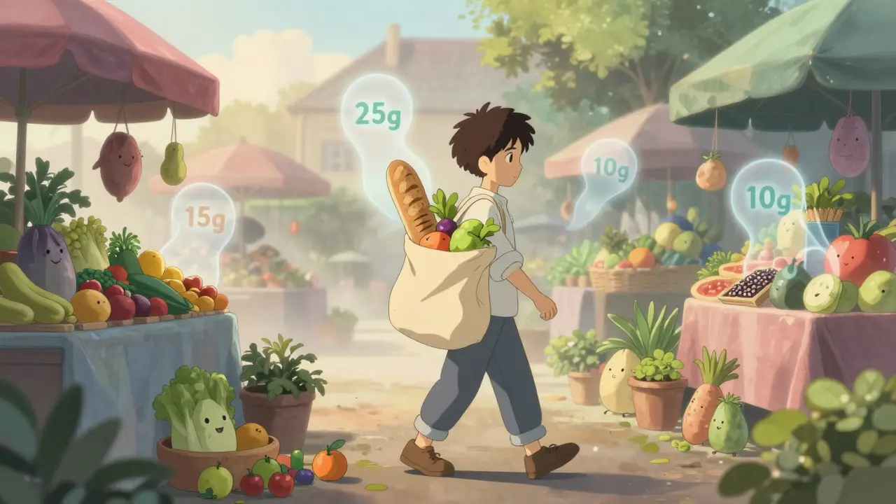 Une personne promène un panier rempli d'aliments sains dans un marché, avec des valeurs de glucides flottantes.