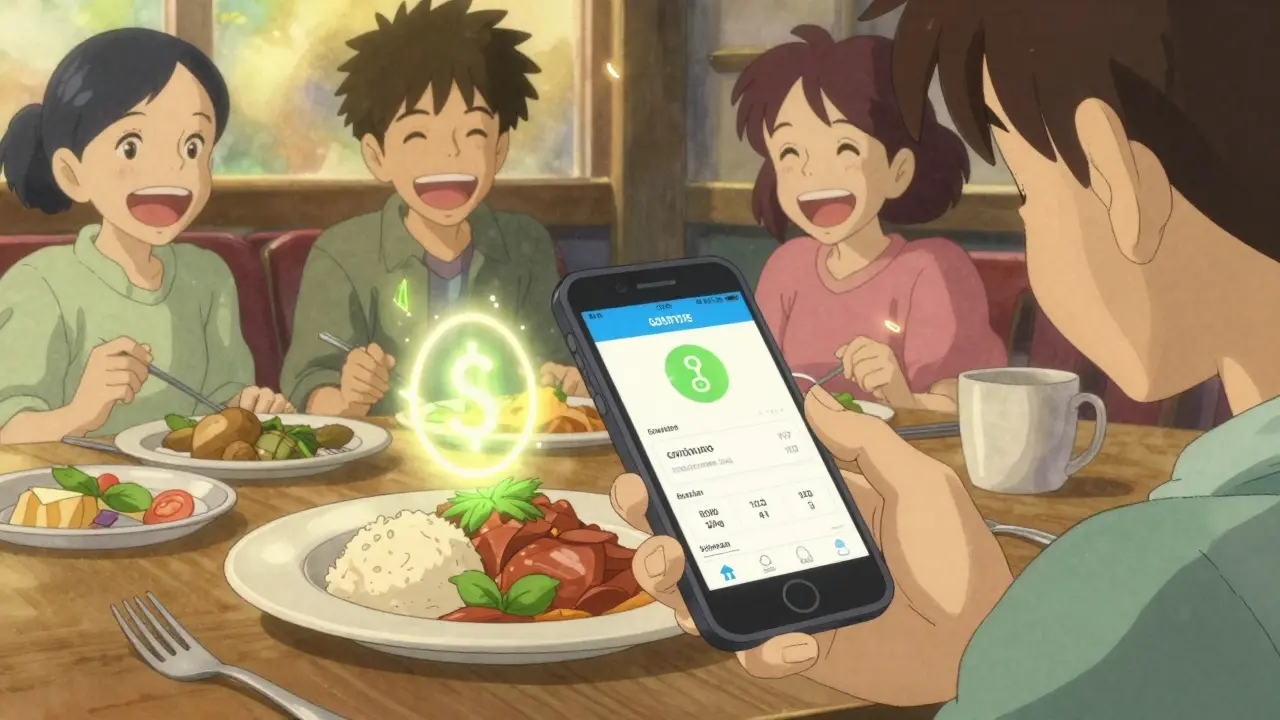 Une personne scanne un plat au restaurant avec une application qui affiche les glucides en flottant.