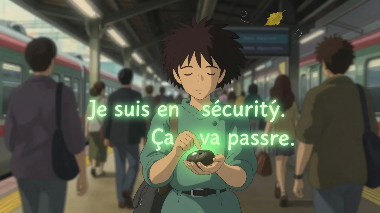 Une personne se recentre dans une gare bondée en tenant une pierre, entourée de mots flottants apaisants.