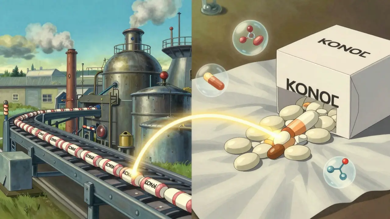 Usine où les mêmes comprimés sont emballés sous deux étiquettes différentes, reliés par un fil lumineux.