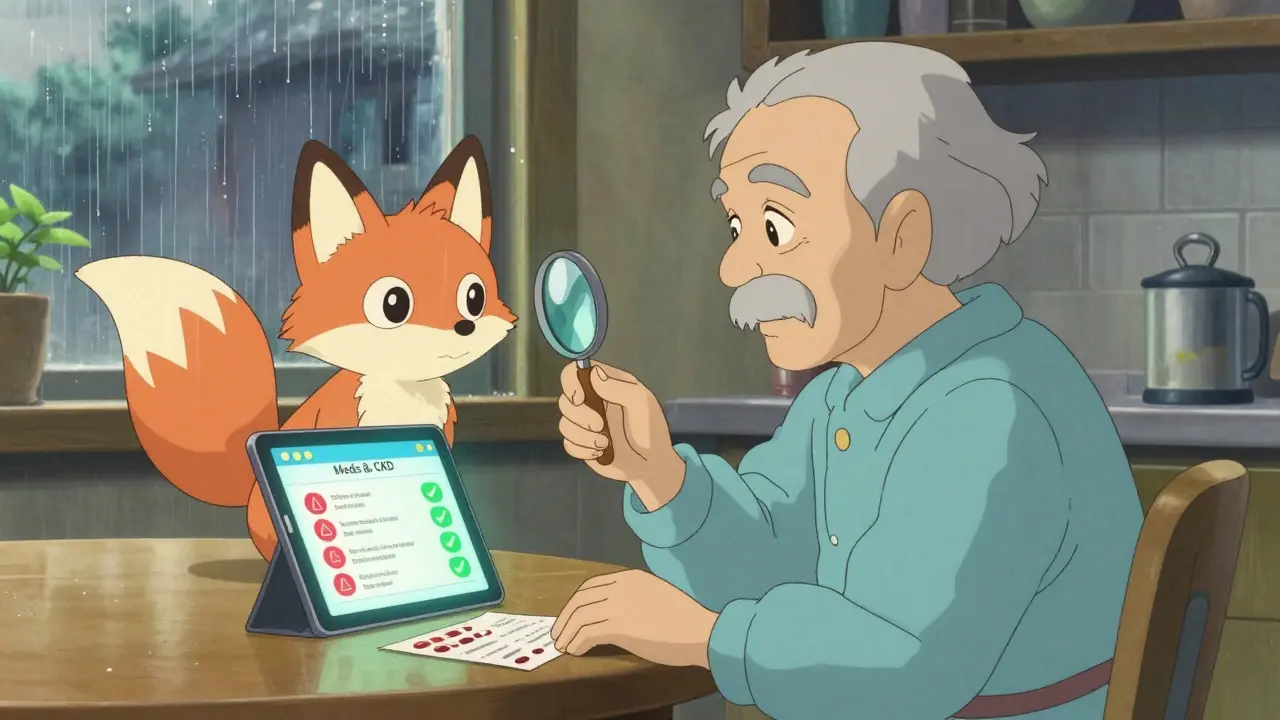 Vieille personne consulte une application de santé rénale avec un esprit-renard guidant les médicaments sûrs.