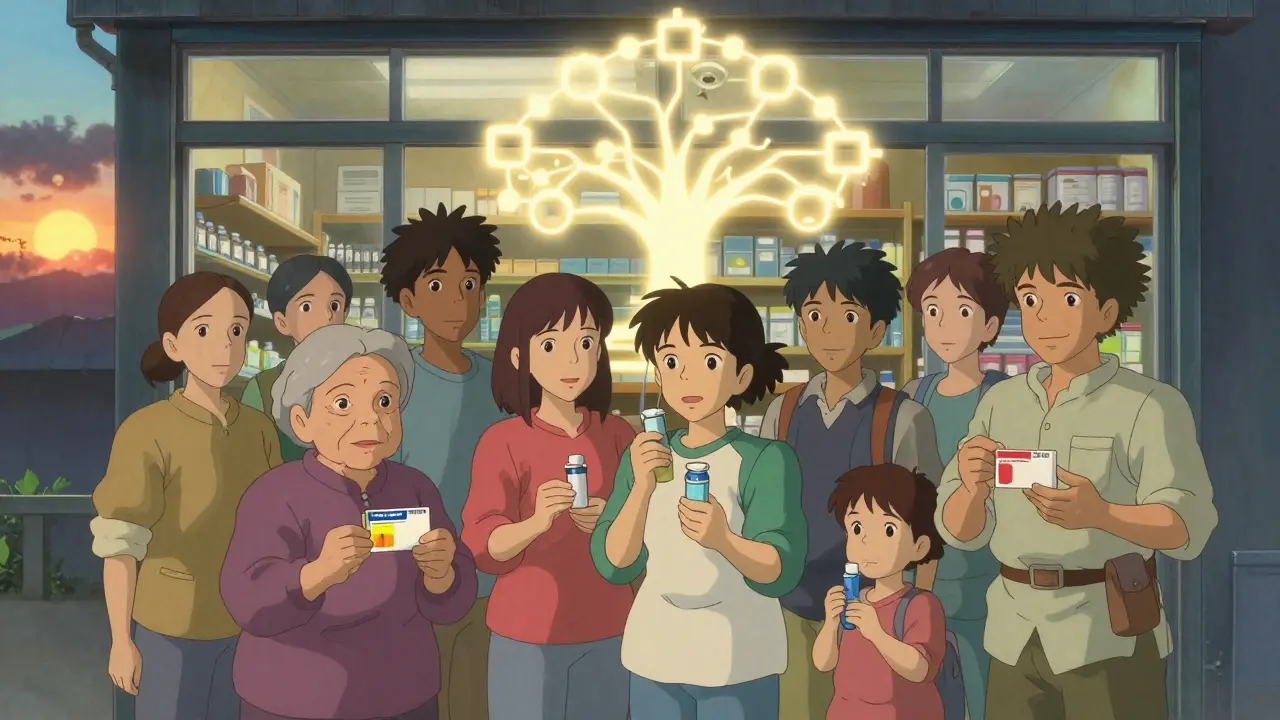 Des patients devant une pharmacie vide au lever du soleil, chacun tenant une ordonnance, un réseau lumineux se forme au-dessus d'eux.