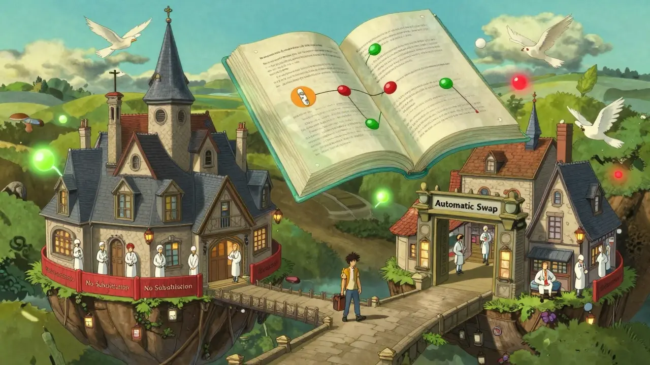 Des villages flottants représentent des politiques de substitution de médicaments différents, un voyageur hésite entre les chemins, des oiseaux-molécules volent autour de lui.