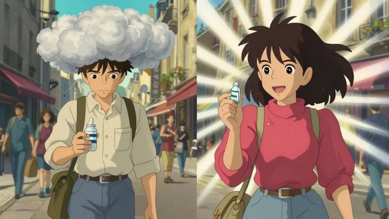 Deux personnes marchant dans la rue à Paris : l'une somnolente, l'autre éveillée, avec des symboles visuels de somnolence et de clarté, style Studio Ghibli.