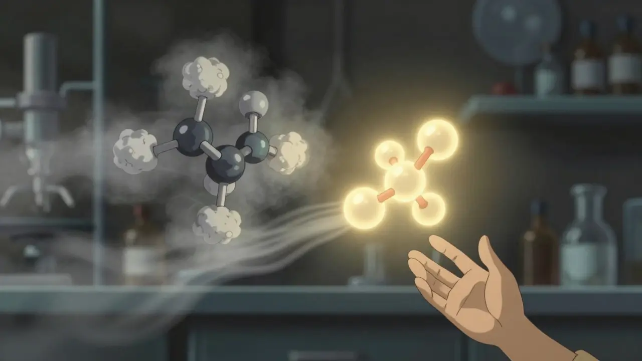 Deux structures moléculaires flottantes, l'une trouble et l'autre lumineuse, dans un laboratoire paisible, au style anime de Studio Ghibli.