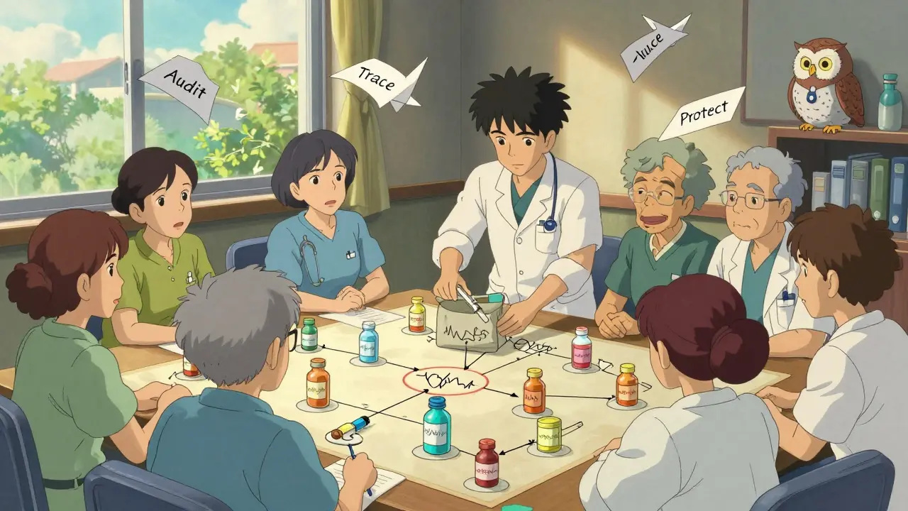 Équipe médicale en formation autour d'une carte animée de médicaments, symbolisant la culture de sécurité, dans un style Ghibli.