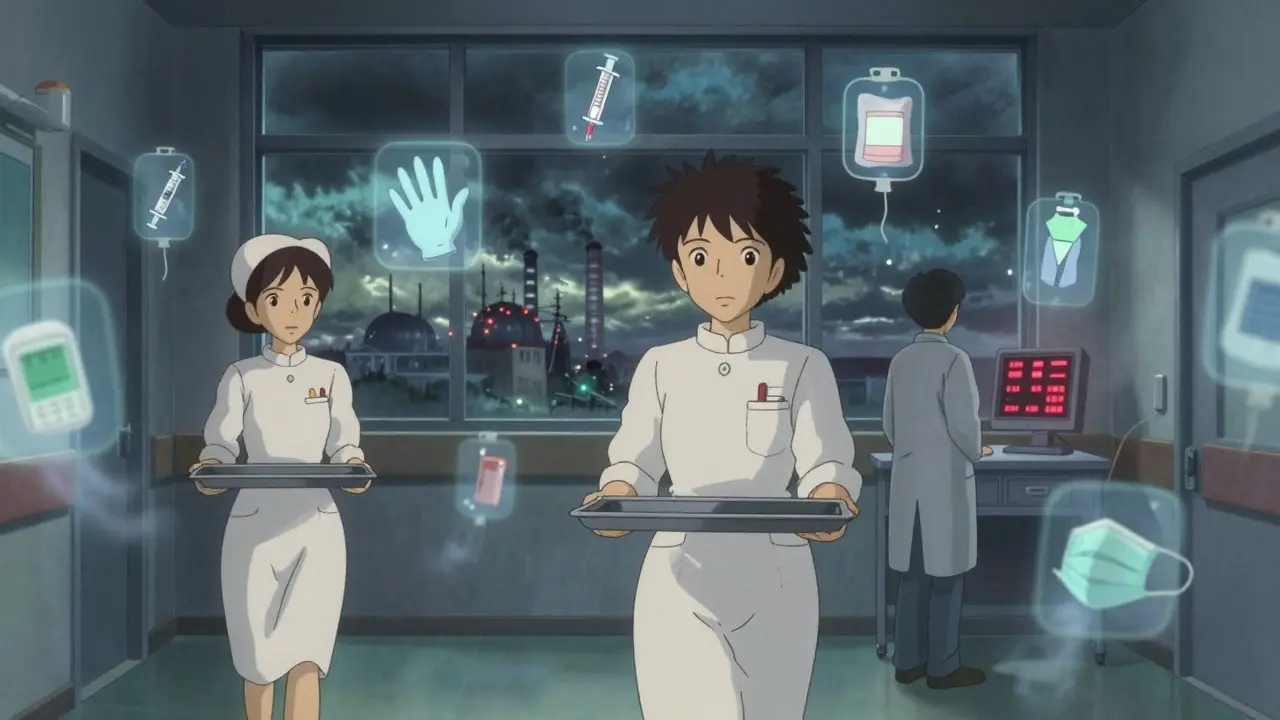 Infirmières dans un couloir d'hôpital avec des objets médicaux flottants qui disparaissent, un écran d'alerte rouge au fond.