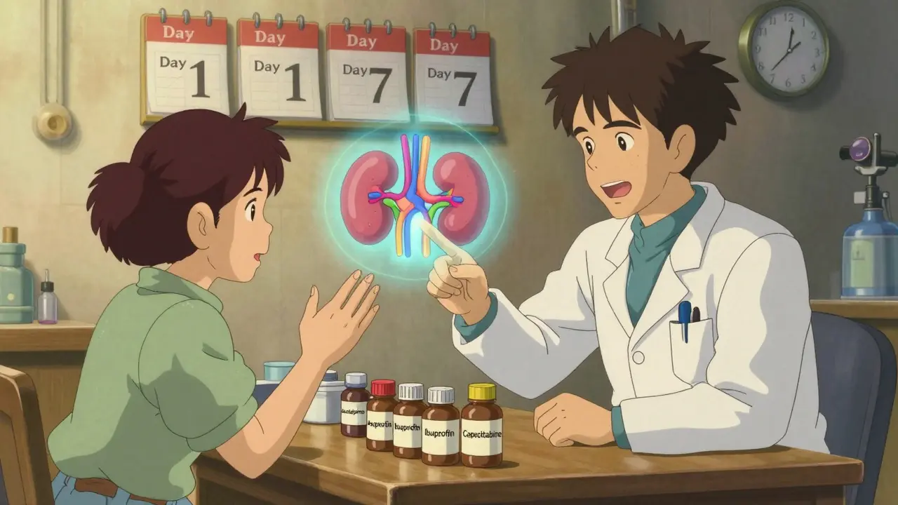 Médecin et patient dans un bureau, bouteilles de médicaments et schéma flottant des vaisseaux sanguins, calendrier marquant 72 heures.