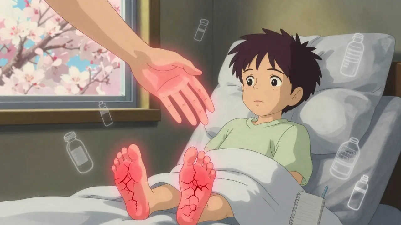 Patient atteint de cancer, mains et pieds rouges et fissurés, main spirituelle au-dessus, fleurs de cerisier à la fenêtre.