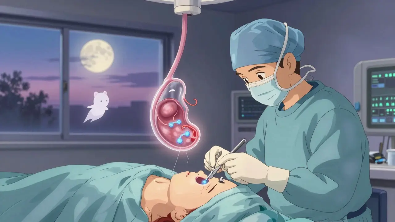 Surgeon performing laparoscopic surgery with tiny incisions, a floating gallbladder suspended by glowing ducts in a twilight operating room.