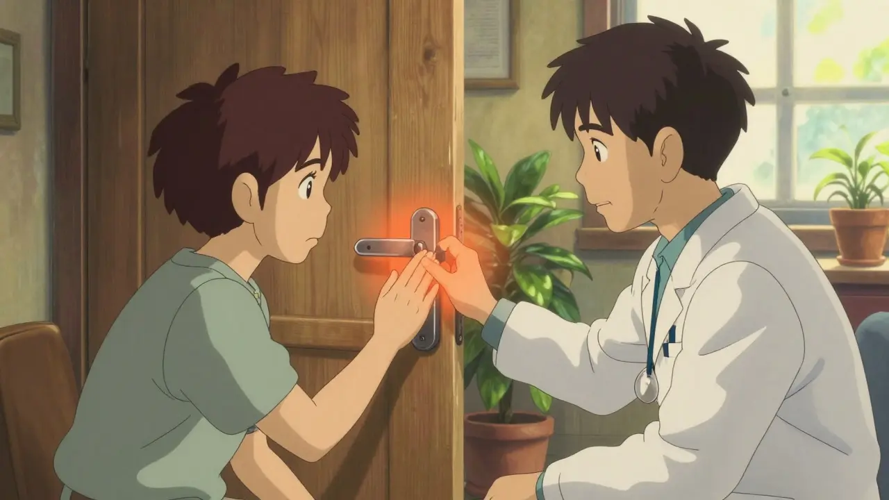 Thérapeute et patient dans une pièce ensoleillée, main sur une poignée de porte sans compulsion, calme et soutien.