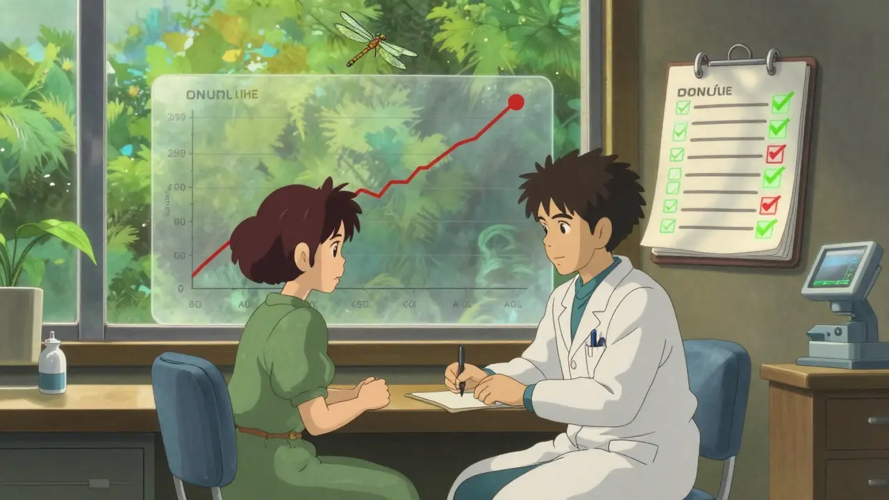 Un médecin et un patient discutent devant un graphique flottant montrant les variations de pression artérielle.