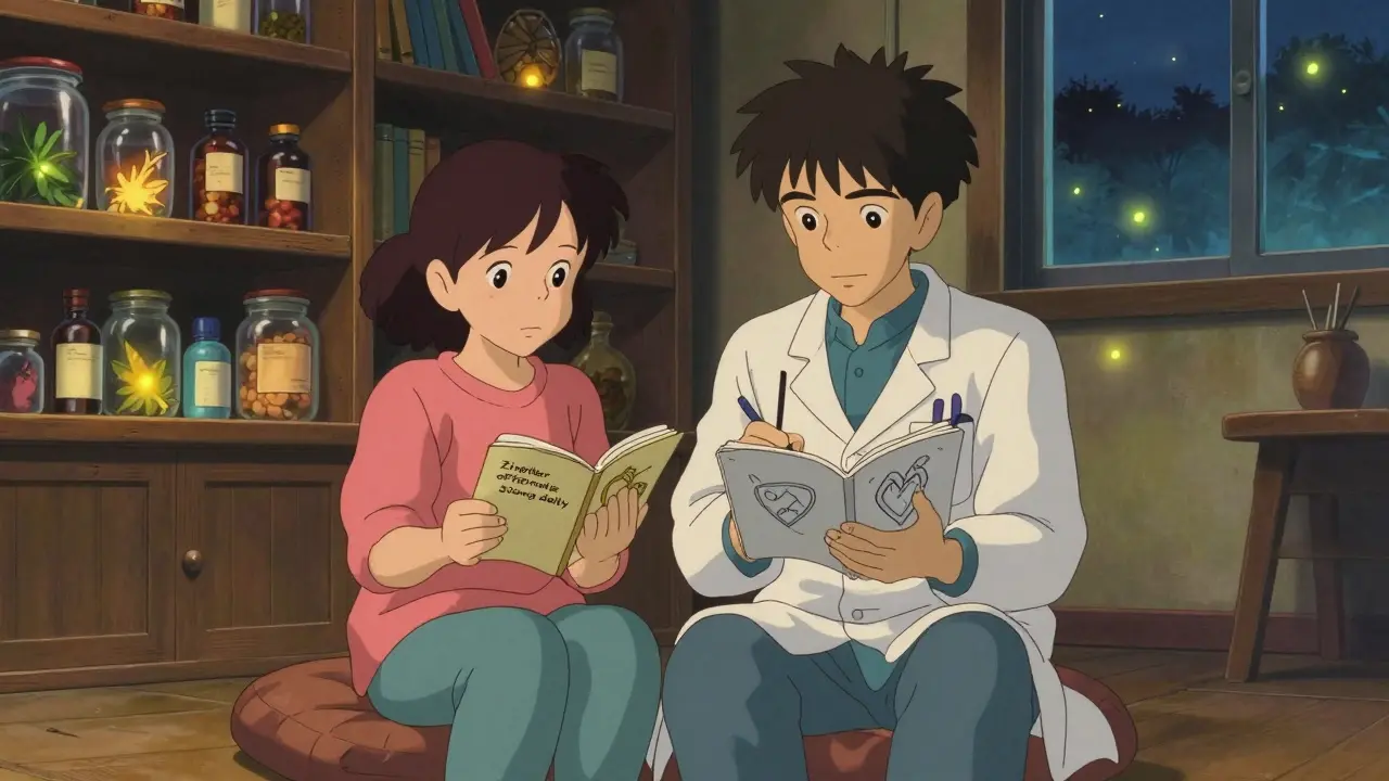 Un médecin et un patient échangent sur les suppléments dans un salon chaleureux, tous deux notant des informations.