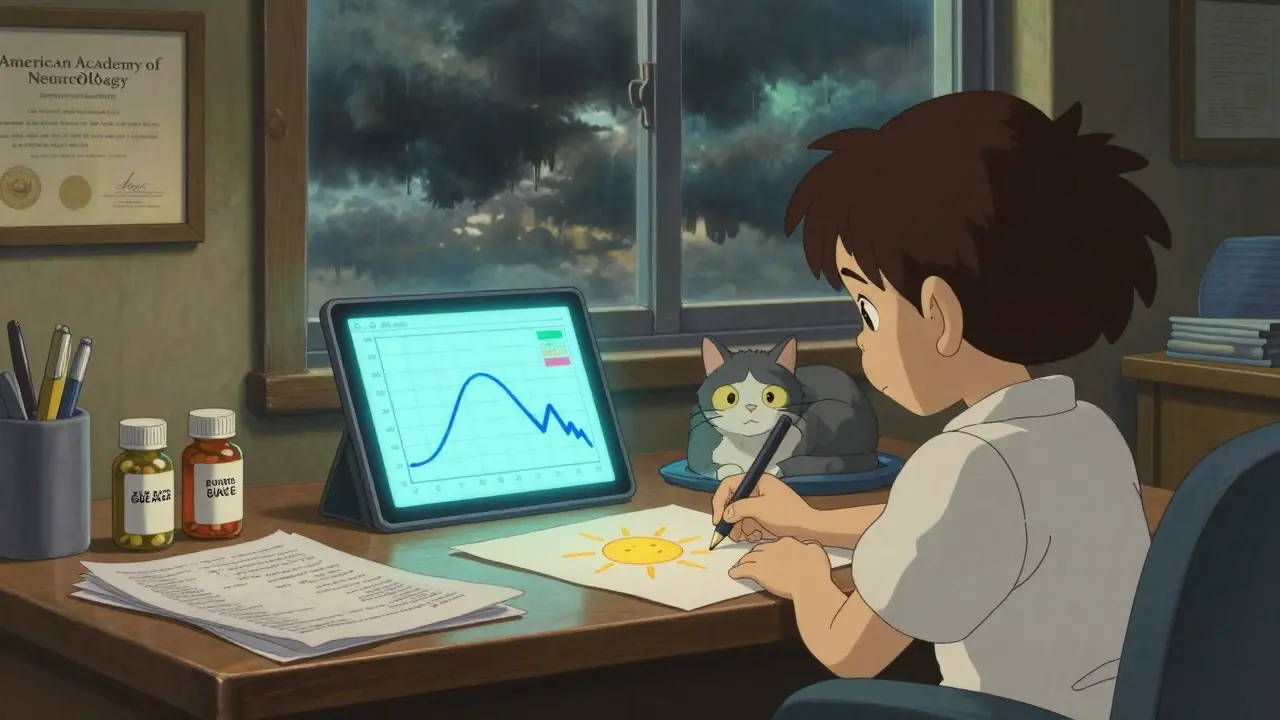 Un neurologue discute avec un enfant épileptique, deux bouteilles de médicaments génériques sur le bureau, tandis qu'un ciel orageux se dessine à la fenêtre.