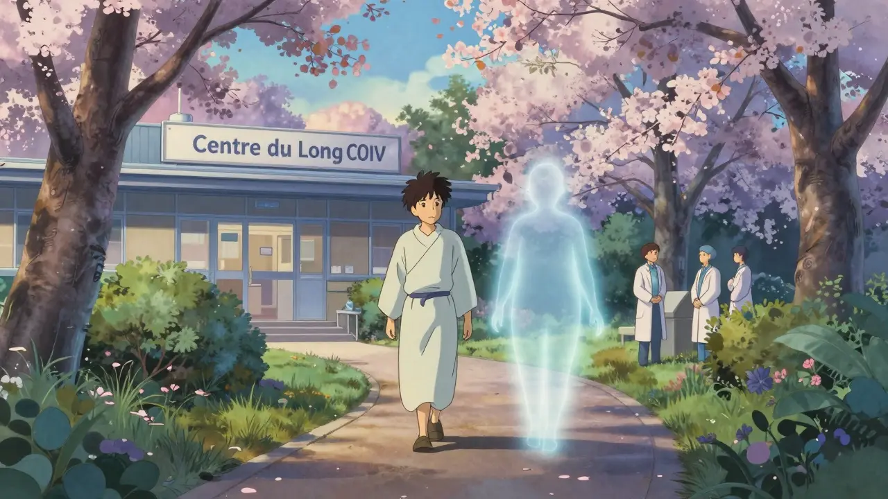 Un patient marche dans un jardin d'hôpital au lever du jour, accompagné d'une ombre translucide représentant le long COVID.