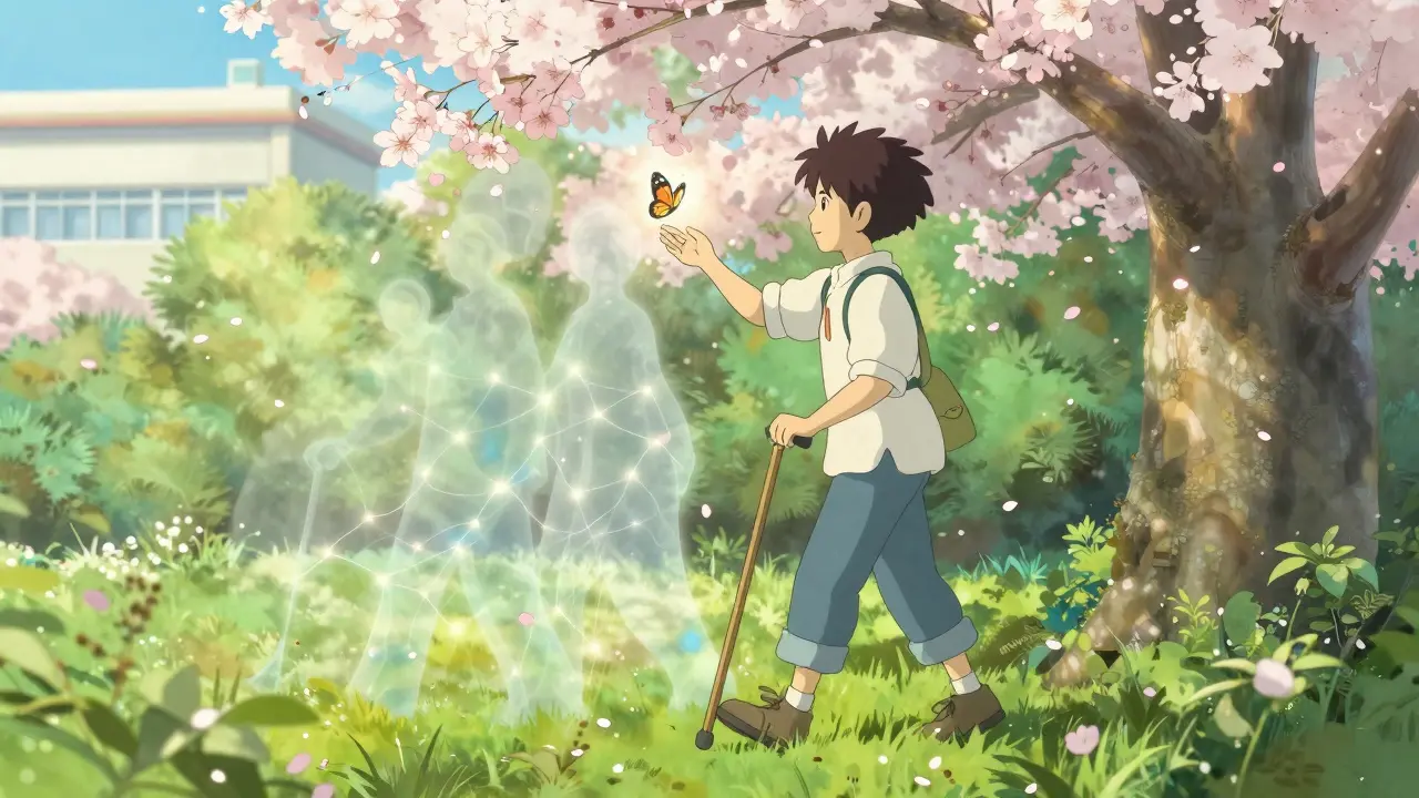 Un patient marche dans un jardin en fleur, les ombres de sa paralysie s'estompent tandis que des fibres nerveuses lumineuses se reforment.