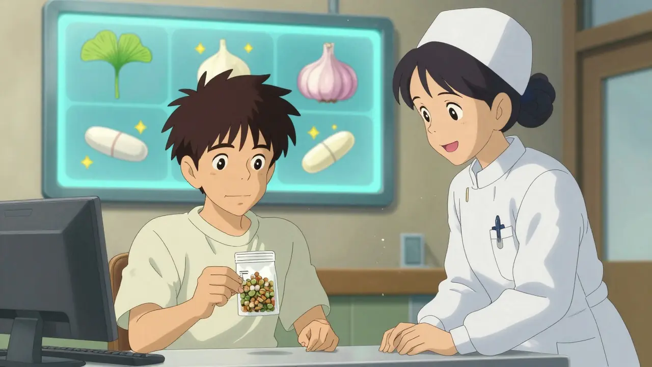 Un patient présente des compléments naturels à une infirmière bienveillante dans un hôpital.