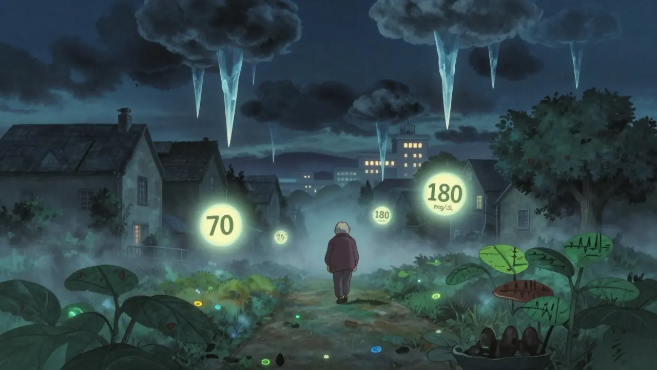 Un sentier nocturne flottant avec des valeurs de glycémie sous forme d'orbes lumineux, entouré de nuages menaçants.