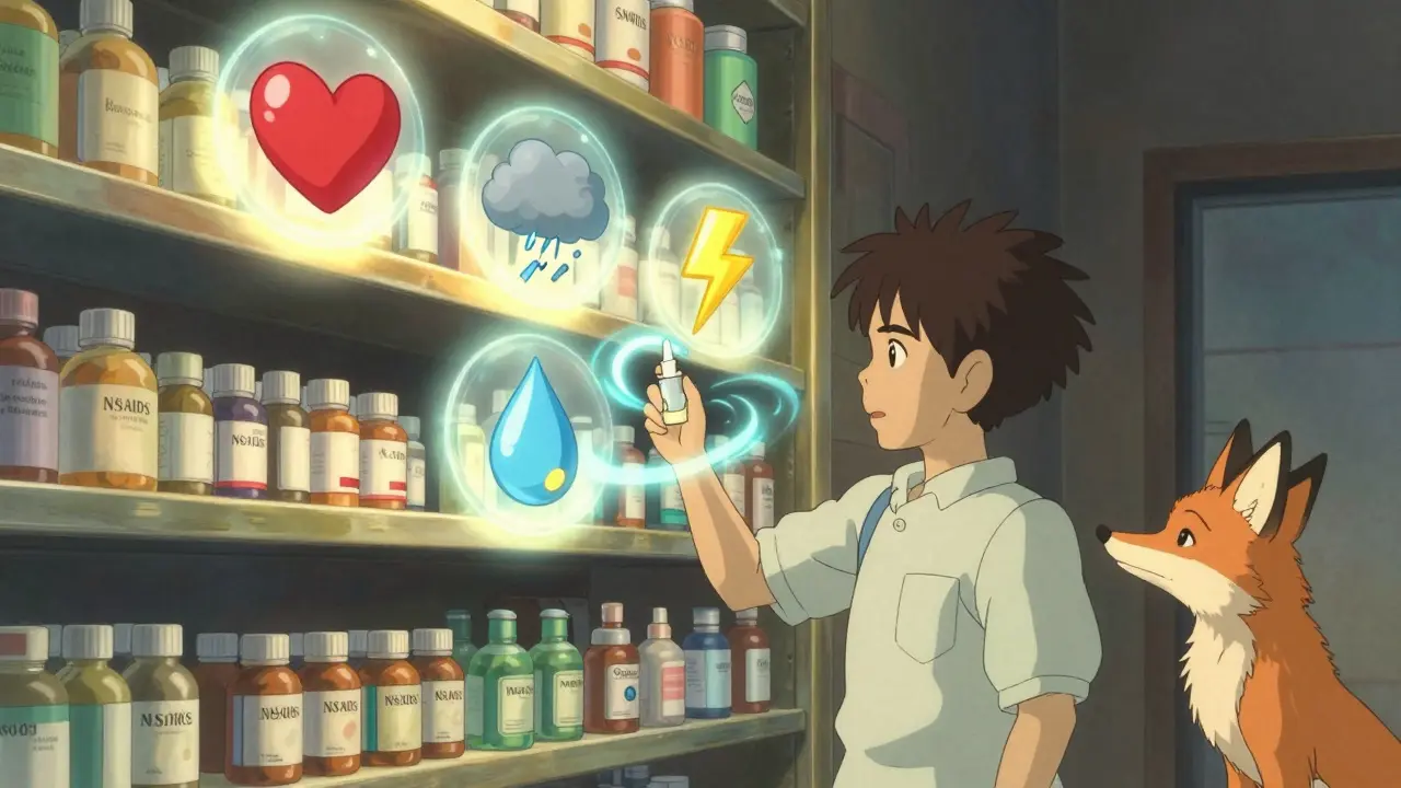 Une étagère de pharmacie avec des médicaments qui émettent des symboles lumineux représentant leurs effets sur la pression.
