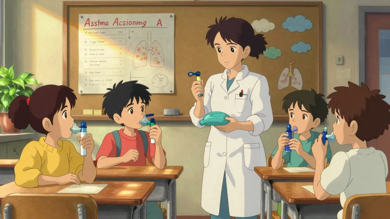 Une infirmière scolaire enseigne l'utilisation de l'espacer à des enfants dans une salle de soins ensoleillée.