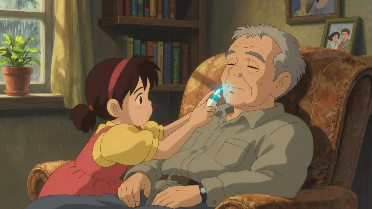 Une jeune fille administre un spray de glucagon nasal à son grand-père endormi, dans une lumière dorée du crépuscule.