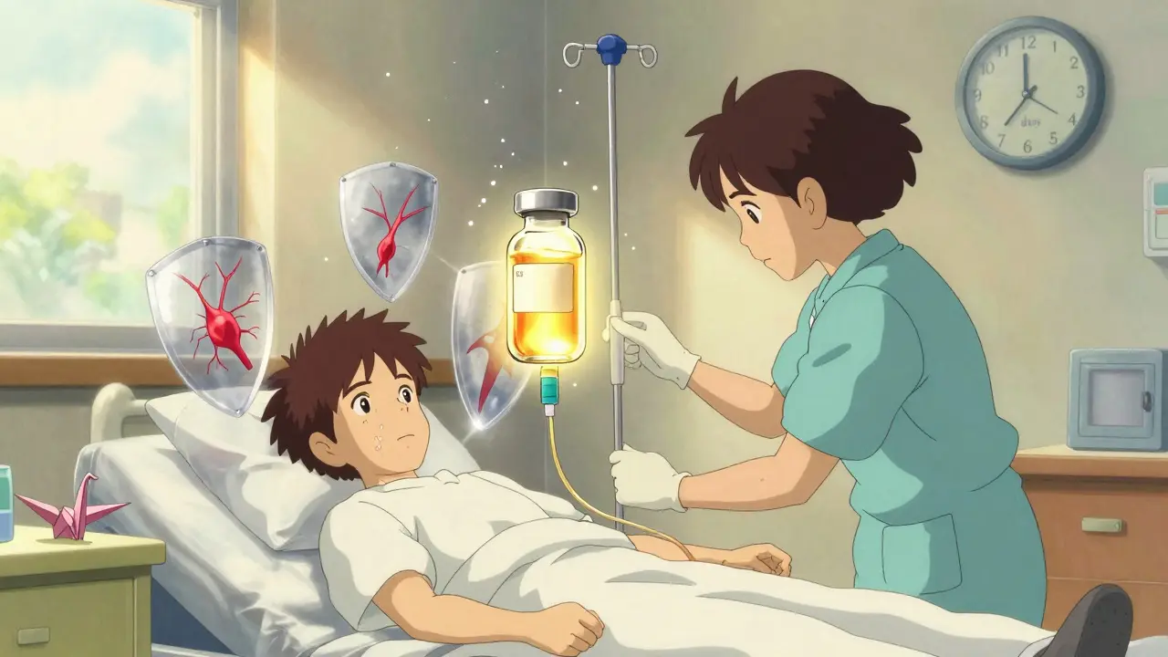 Une perfusion d'IGIV émet une lueur dorée, des boucliers argentés protègent les nerfs des anticorps nocifs.