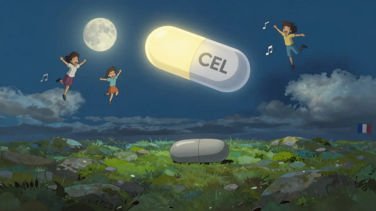 Une pilule discrète repose sous la lune, tandis qu'une pilule géante et lumineuse domine le ciel, symbole du marketing vs. simplicité.