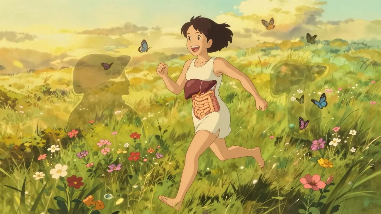 Woman running in a sunlit meadow, her transparent body showing bile flowing directly from liver to intestine, stones transformed into butterflies.