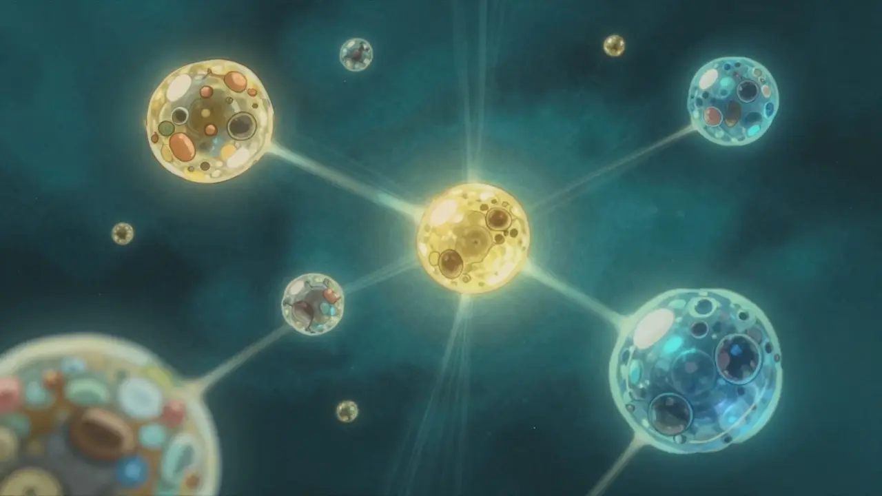 Art abstrait montrant des particules lumineuses représentant la chimie du médicament.