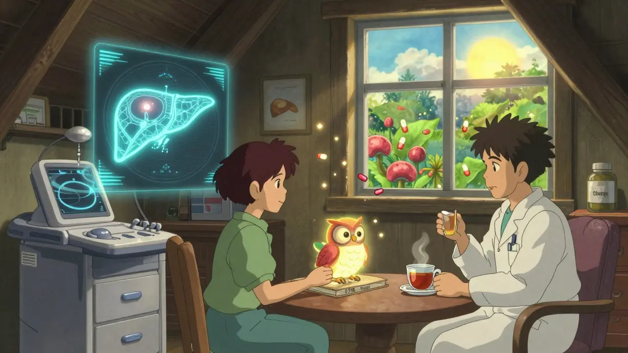 Consultation médicale douce dans une pièce ensoleillée, avec des données de santé flottant comme des esprits aimables.