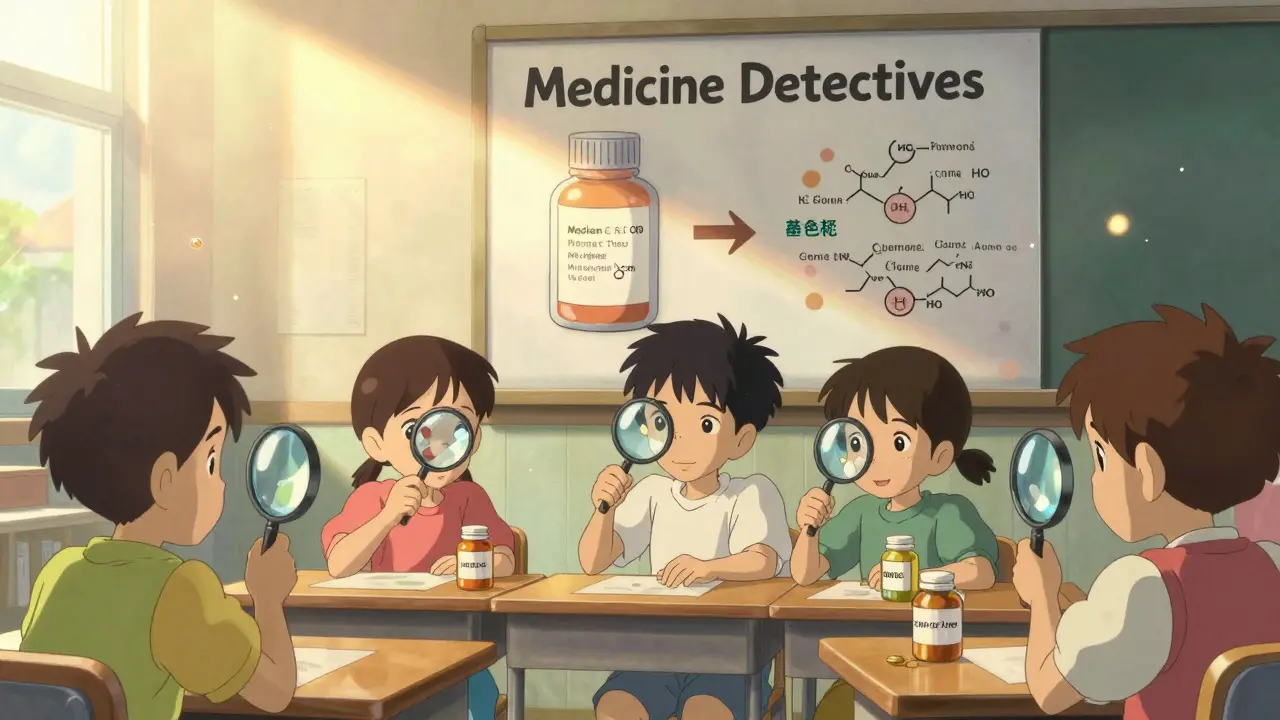 Des enfants en classe jouent à être des détectives de médicaments en examinant des boîtes avec des loupes, sous un rayon de soleil.