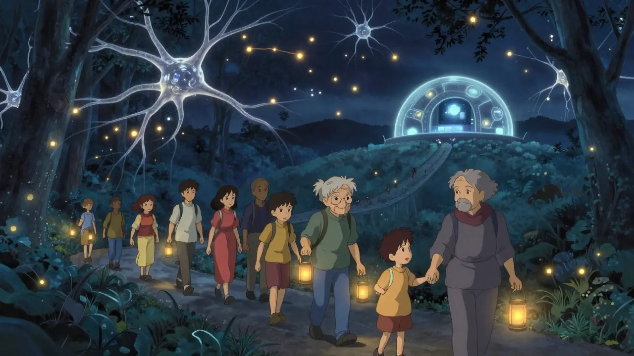 Des patients marchent dans une forêt lumineuse, portant des lanternes en forme de main, sous un ciel de neurones flottants.