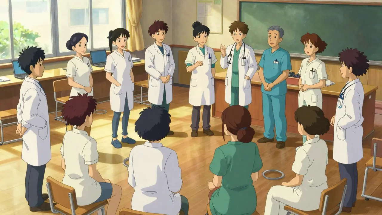 Des professionnels de santé en formation lors d'un atelier de communication.