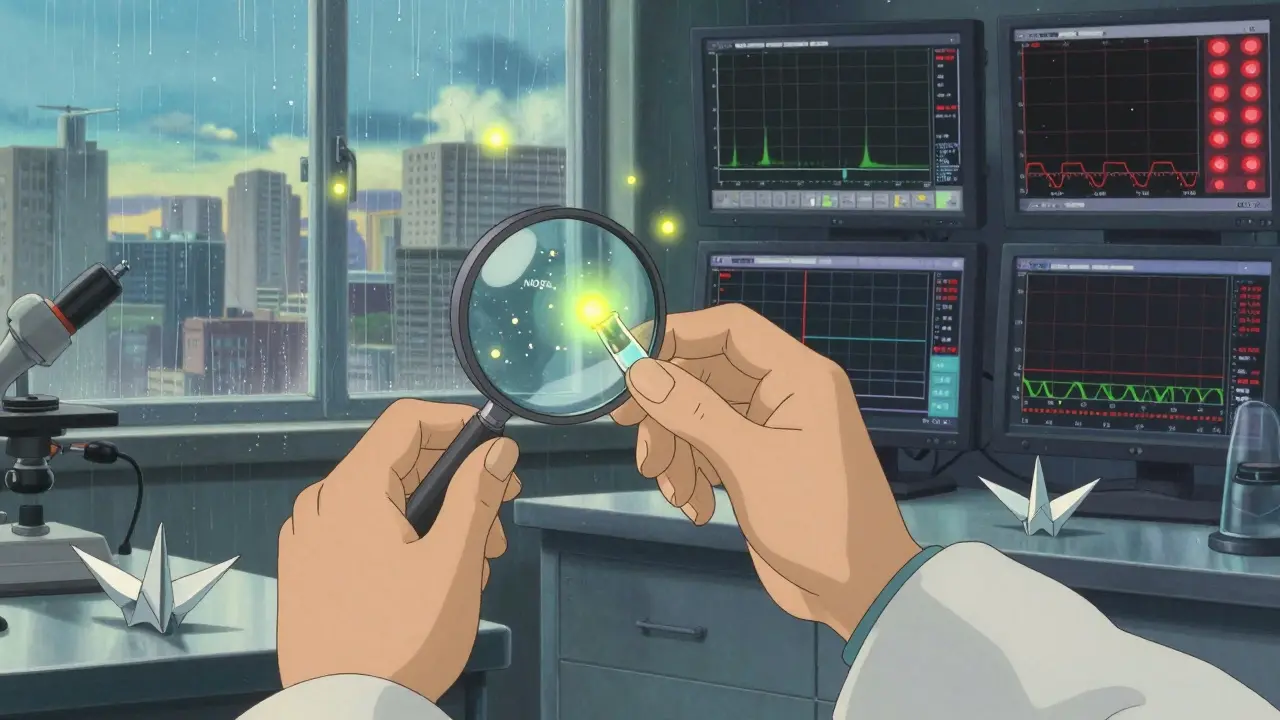 Main de scientifique examinant des particules microscopiques de nitrosamines sous une lentille, dans un laboratoire calme.