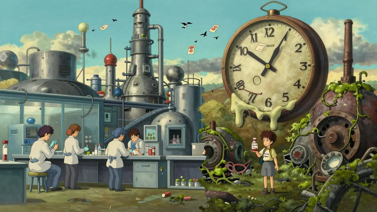 Paysage fractionné d'une usine pharmaceutique : d'un côté moderne, de l'autre abandonnée, avec un enfant tenant un médicament testé.