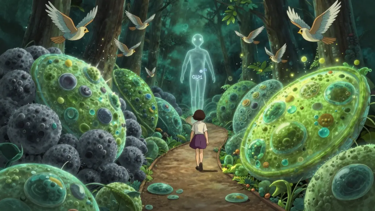 Personne marchant sur un chemin entre cellules hépatiques saines et graisseuses, guidée par une molécule flottante.