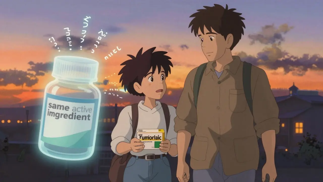 Un adolescent et son père marchent à la maison en tenant une boîte de médicament générique, accompagnés d'un esprit lumineux qui flotte à côté.