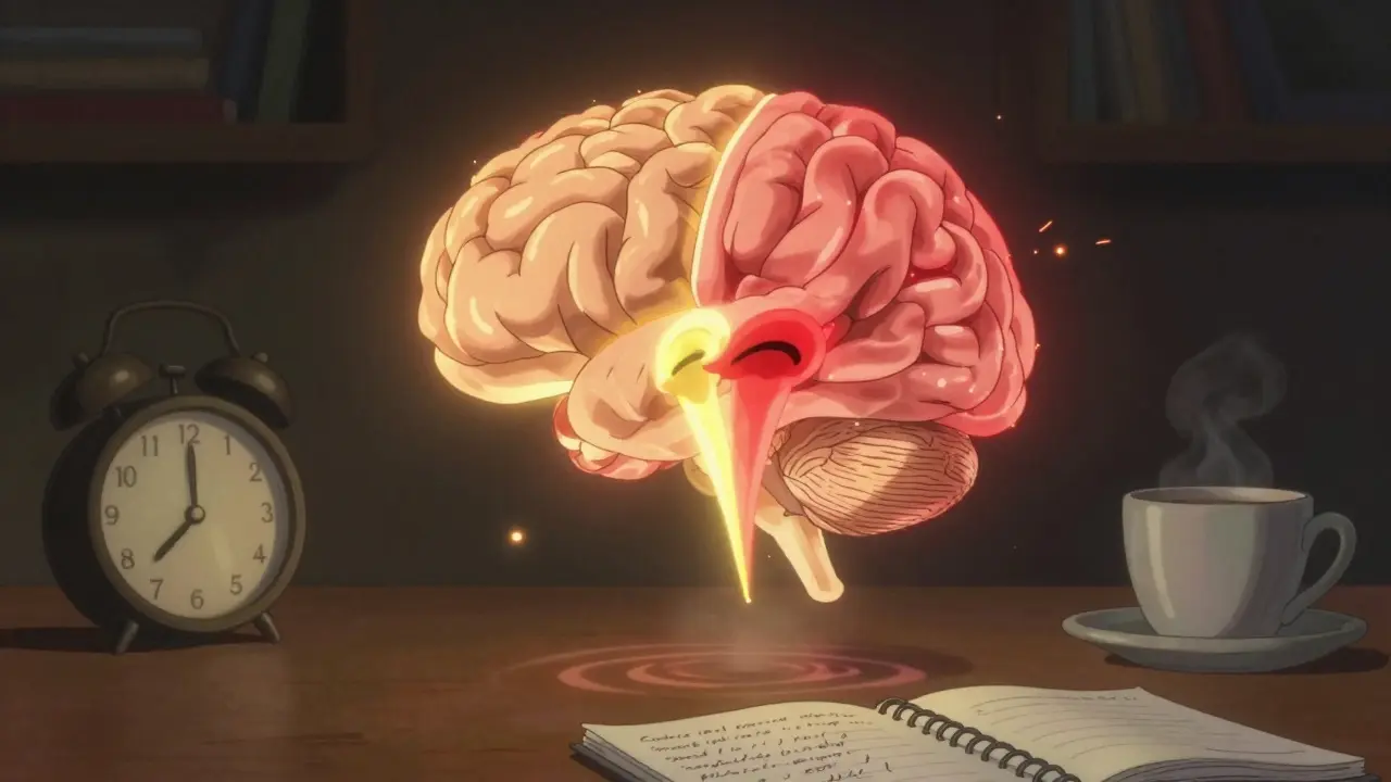 Un cerveau sous forme de lanterne avec deux flux de lumière se croisant, symbole de la combinaison caféine et médicament.