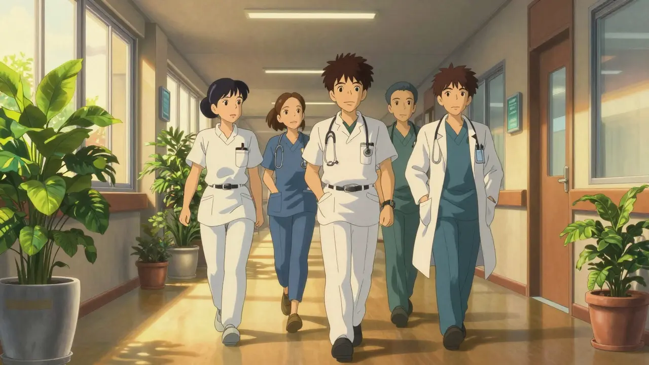 Un hôpital moderne où l'équipe soignante collabore harmonieusement.