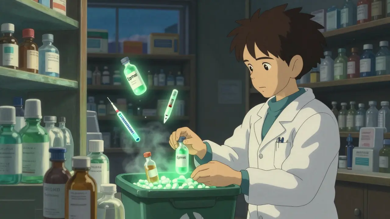 Un pharmacien triant des médicaments périmés dans une pharmacie, des flacons de insuline et d'EpiPen flottant comme des lumières éteintes.