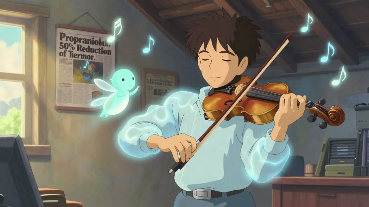 Un violoniste joue dans un atelier ensoleillé, ses mains tremblantes apaisées par une créature surnaturelle.