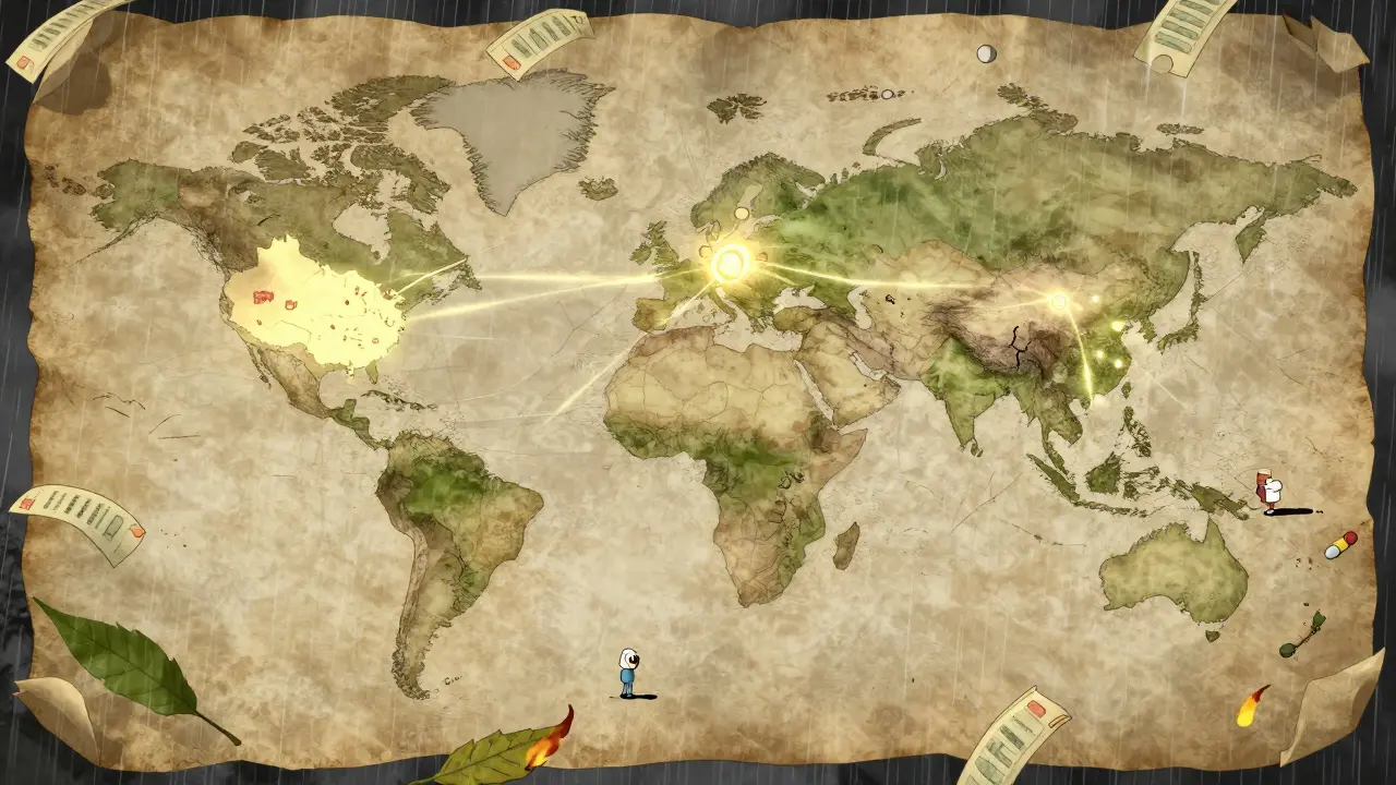 Une carte mondiale magique où des fils de lumière relient les pays producteurs aux hôpitaux, un fil se casse.