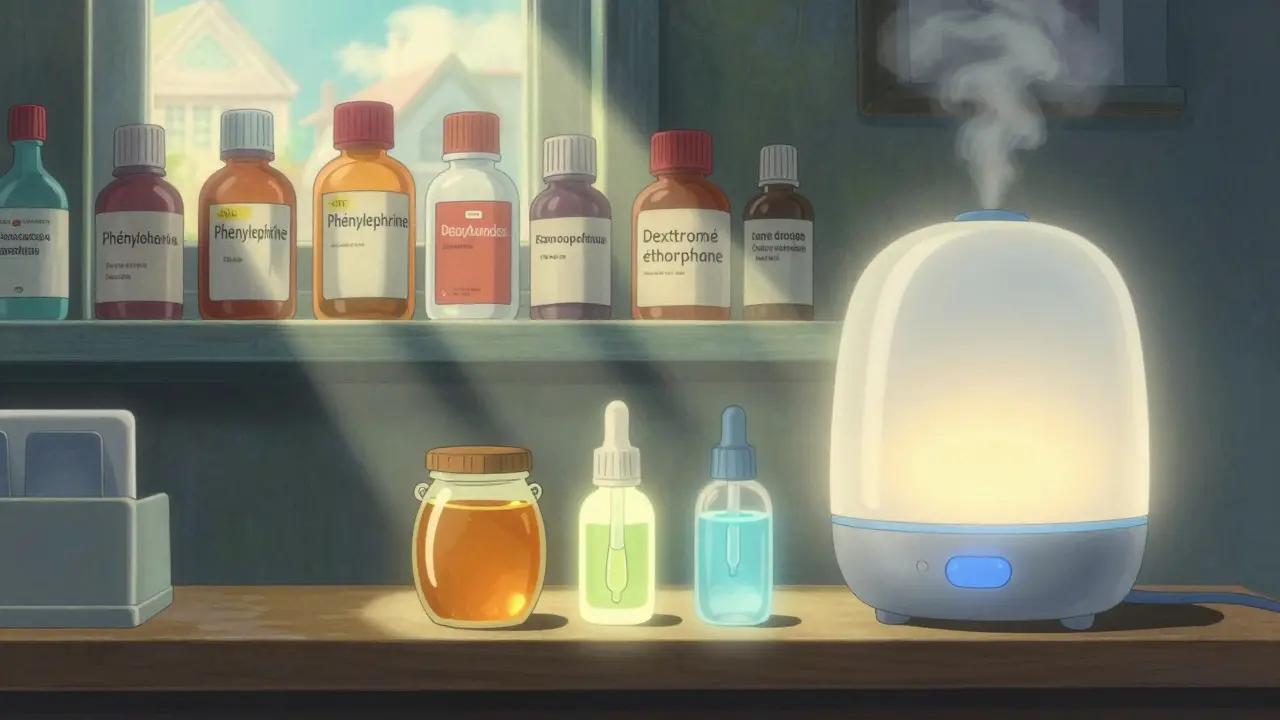 Une étagère de pharmacie où les médicaments traditionnels s'estompent, laissant place à des remèdes naturels lumineux, en style Studio Ghibli.